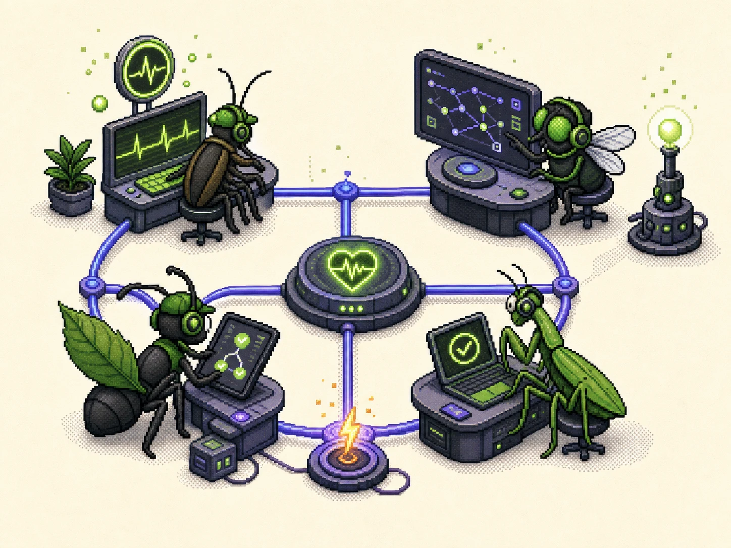 Pixel-art Squasher agent team coordinating around an observability network