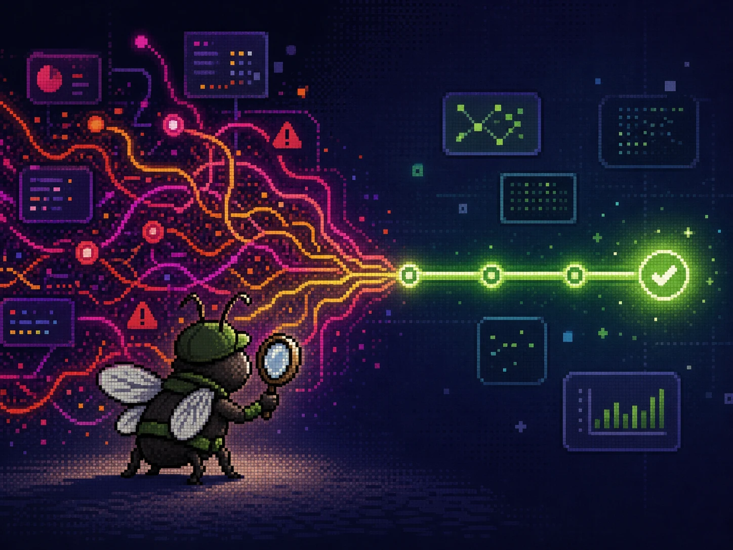 Pixel-art Squasher investigator converting tangled incident signals into a verified fix