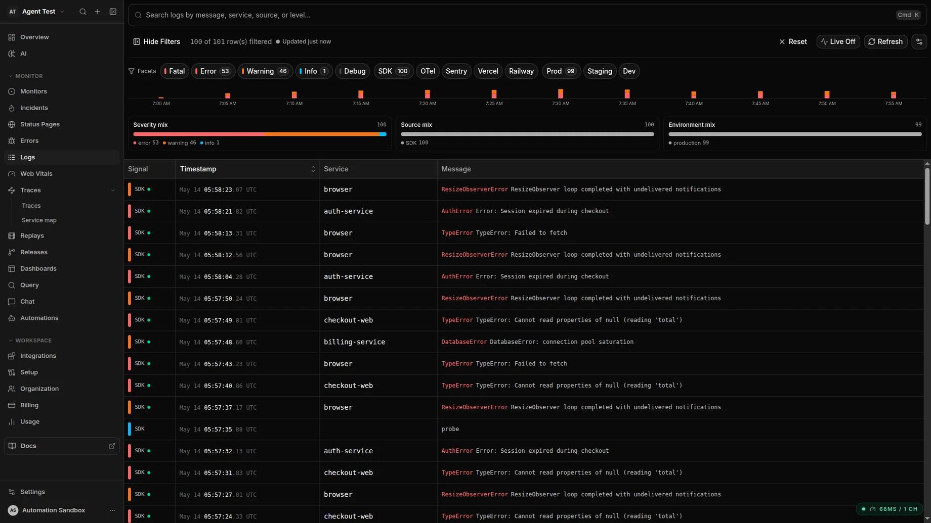Squasher logs view